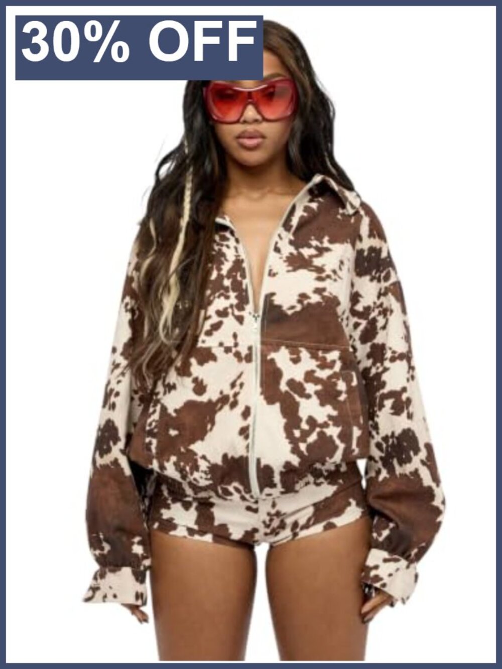 Suede Cow Print Cropped Jacket Set Button Up Western Outwear